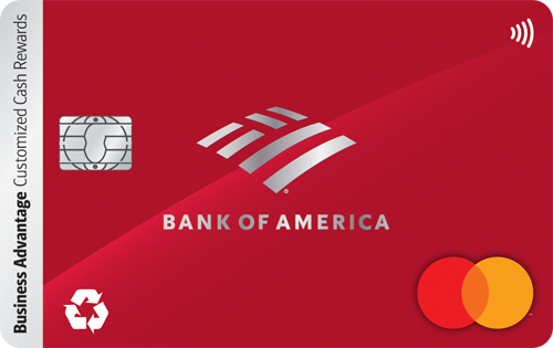 Imagen de la tarjeta Bank of America® Business Advantage Customized Cash Rewards Mastercard® en color rojo. La imagen destaca la tarjeta en primer plano, resaltando su diseño distintivo en tonos rojos.