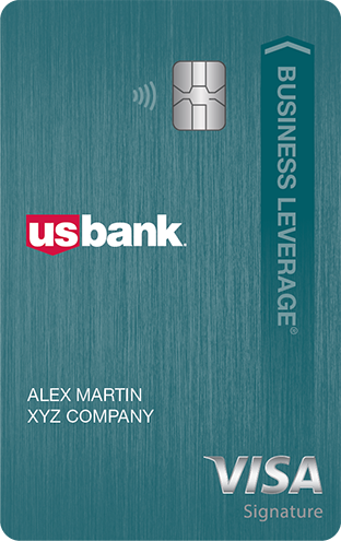 Imagen de la tarjeta U.S. Bank Business Leverage® Visa Signature® Card. La imagen muestra la tarjeta en color verde con detalles en rojo y blanco.