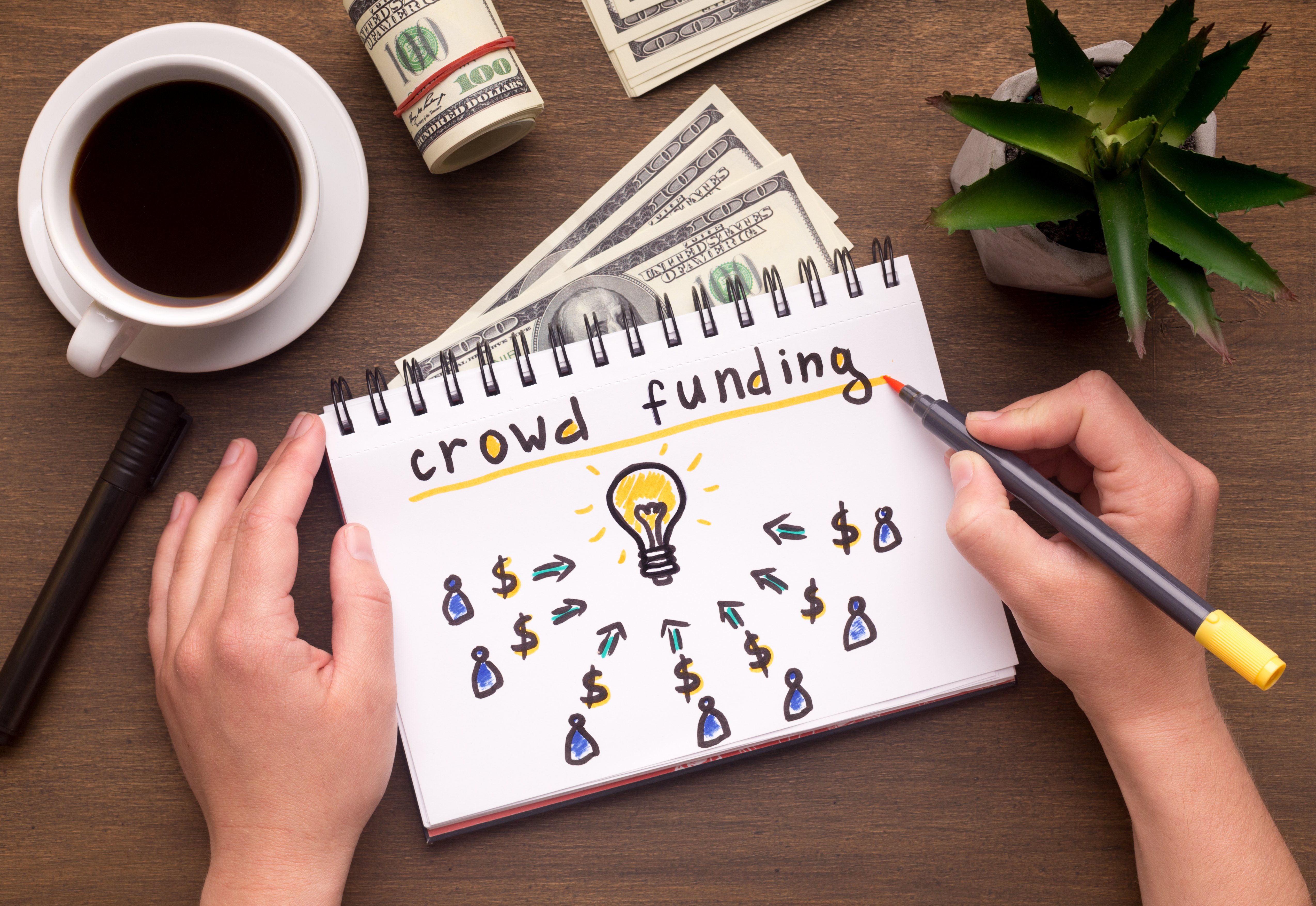La imagen quiere mostrar bajo el concepto de negocio a una mujer escribiendo a mano en el cuaderno cómo funciona el equity Crowdfunding. Signo sobre la mesa con dólares, panorama
